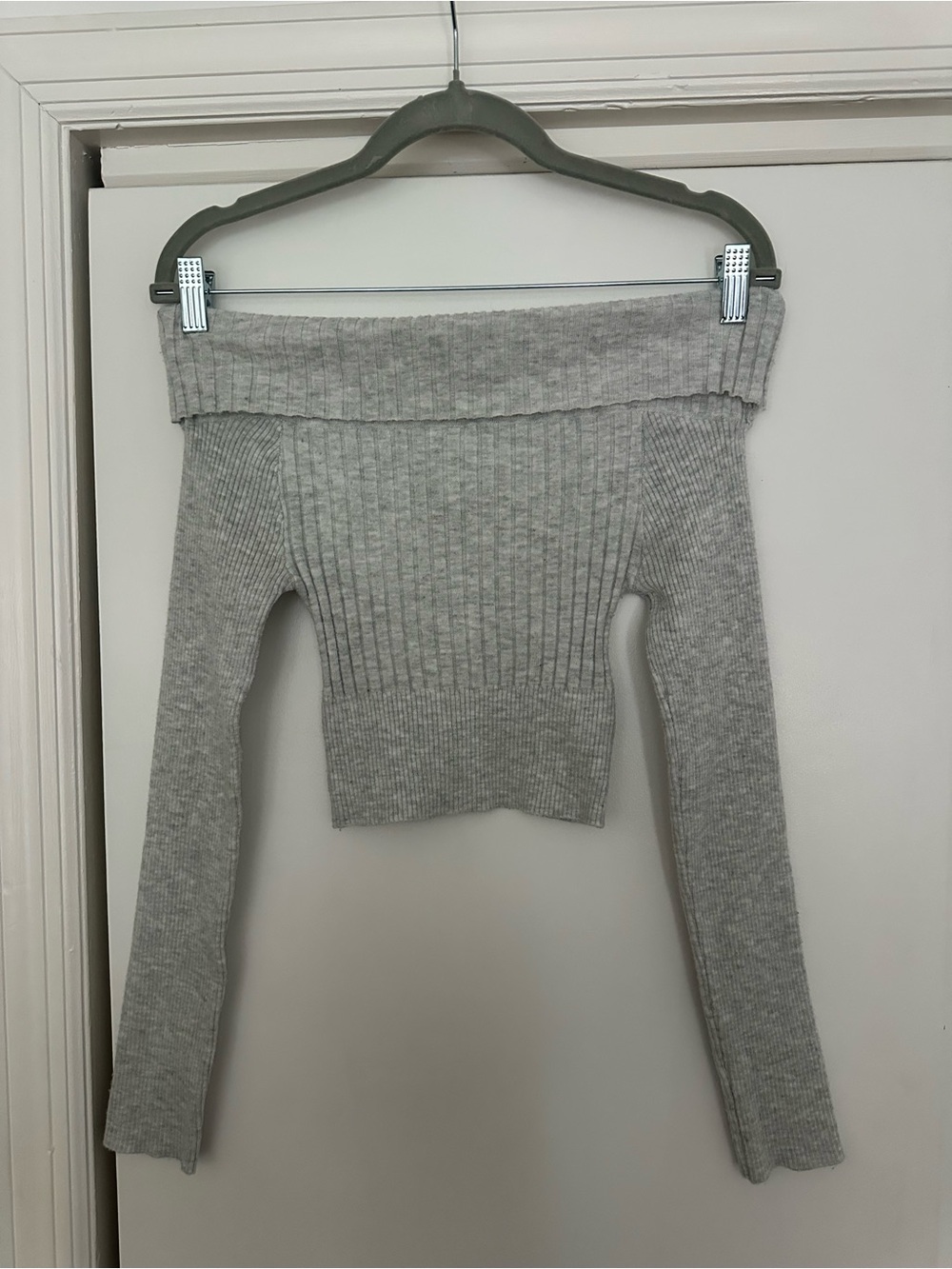 Princess Polly Light Gray Ribbed Off-Shoulder Knit Top